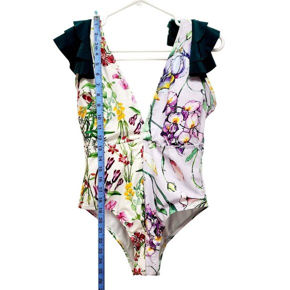 Floral V-Neck One-Piece Swimsuit With Ruffle Sleeves Size S - Picture 5 of 8